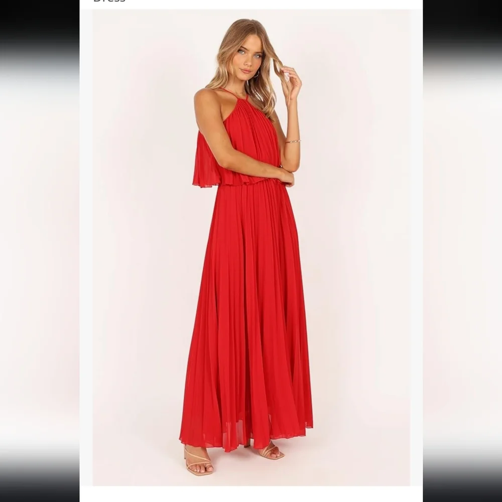 PETAL & PUP Red Gia Pleated Halterneck Maxi Dress Gown Sz S Evening Wedding - Picture 5 of 15